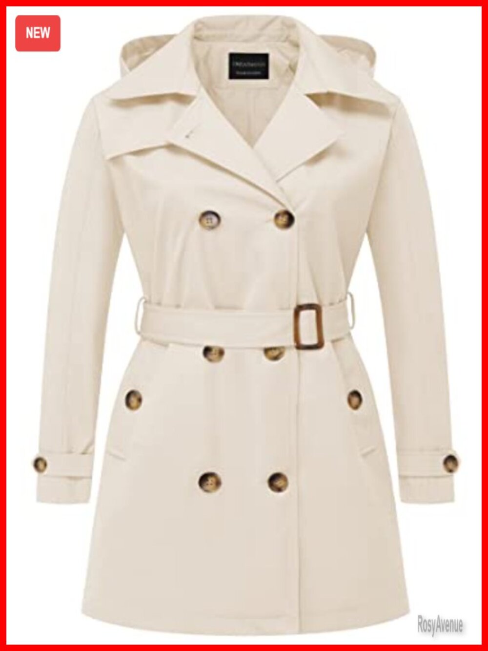 Plus Size Trench Coat Double-Breasted Belted Detachable Hood